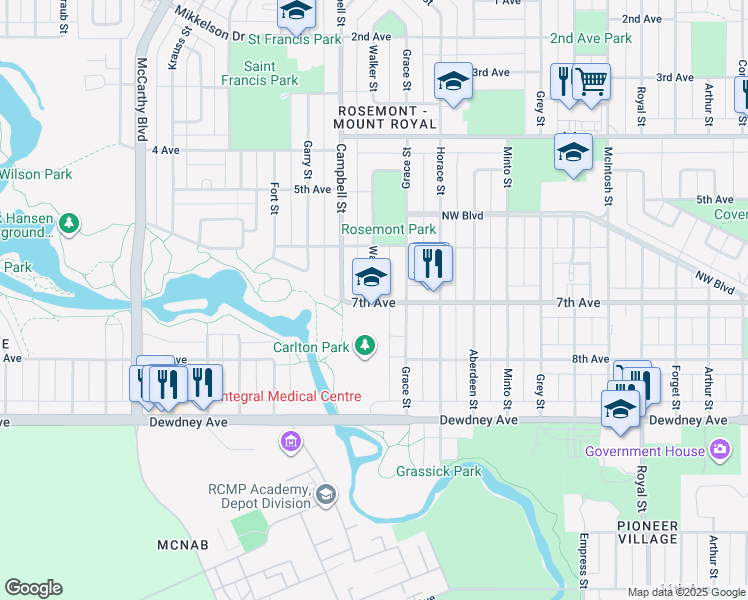 map of restaurants, bars, coffee shops, grocery stores, and more near 1237 Walker Street in Regina