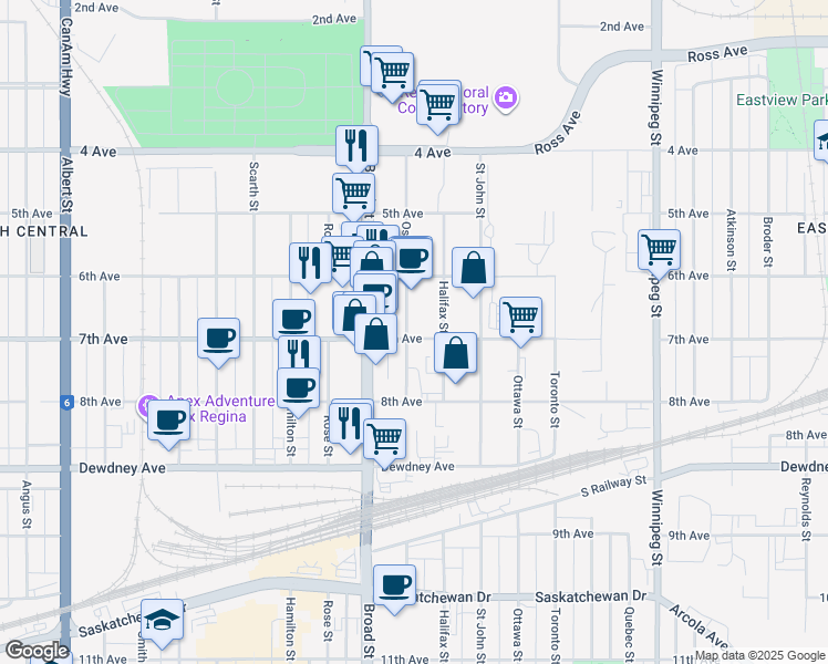 map of restaurants, bars, coffee shops, grocery stores, and more near 1279 Osler Street in Regina