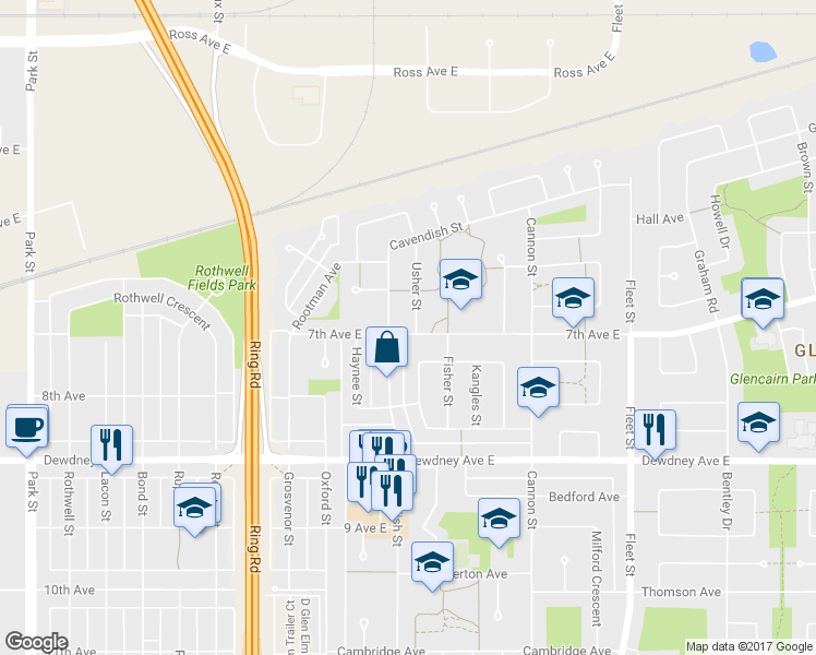 map of restaurants, bars, coffee shops, grocery stores, and more near 1816 7th Avenue East in Regina