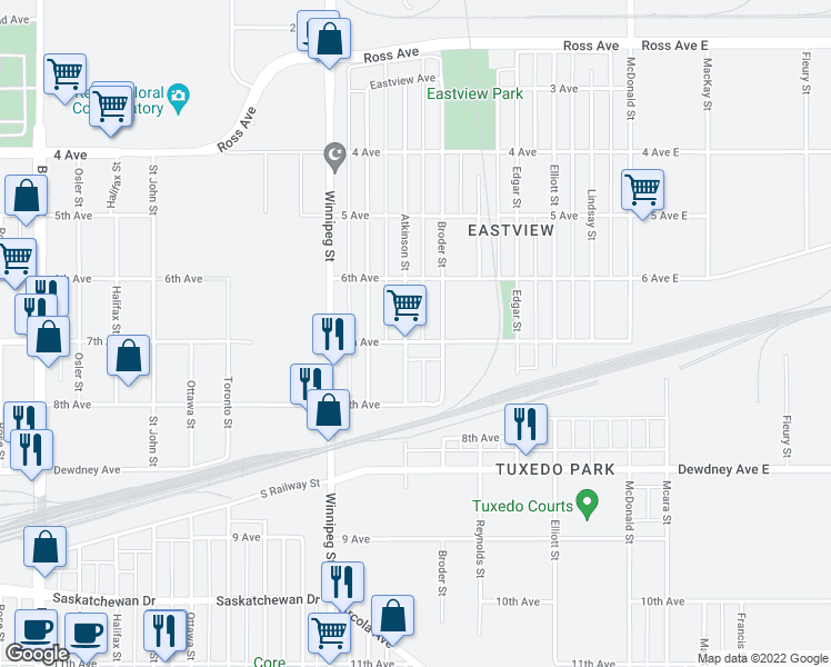 map of restaurants, bars, coffee shops, grocery stores, and more near 1271 Atkinson Street in Regina