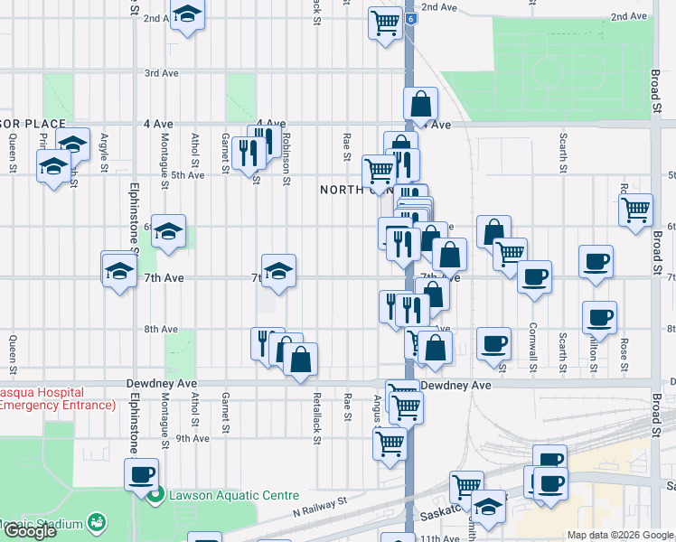 map of restaurants, bars, coffee shops, grocery stores, and more near 1279 Retallack Street in Regina