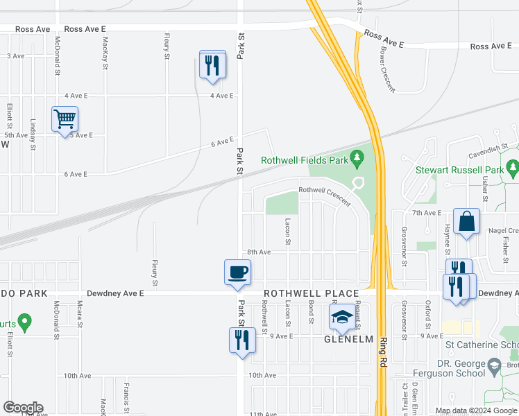 map of restaurants, bars, coffee shops, grocery stores, and more near 251 Rothwell Crescent in Regina