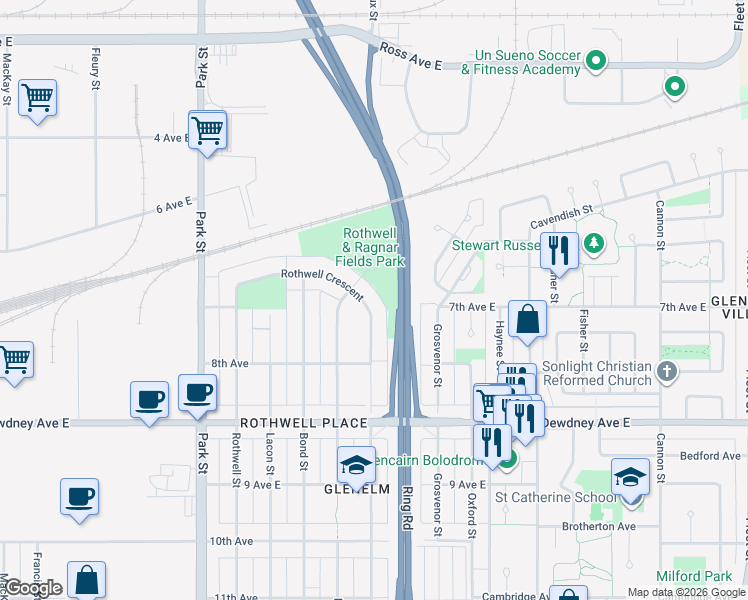 map of restaurants, bars, coffee shops, grocery stores, and more near 103 Rothwell Crescent in Regina