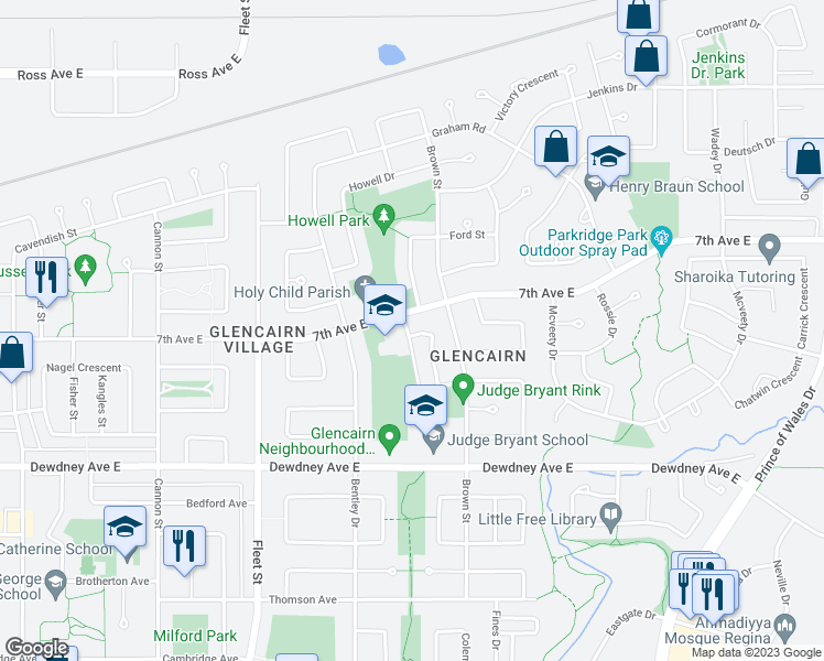 map of restaurants, bars, coffee shops, grocery stores, and more near 27 MacKenzie Way in Regina
