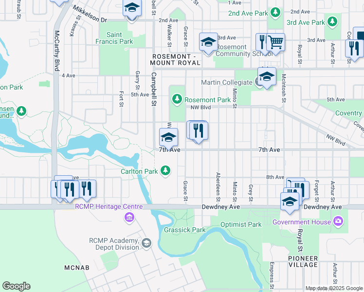 map of restaurants, bars, coffee shops, grocery stores, and more near 1236 Grace Street in Regina