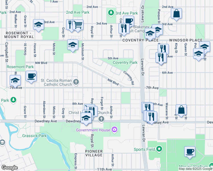 map of restaurants, bars, coffee shops, grocery stores, and more near in Regina