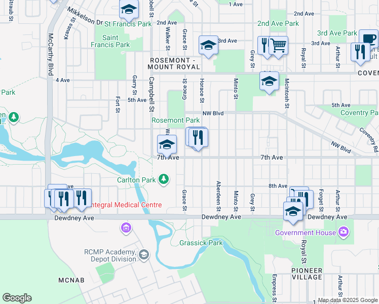 map of restaurants, bars, coffee shops, grocery stores, and more near 1236 Grace Street in Regina