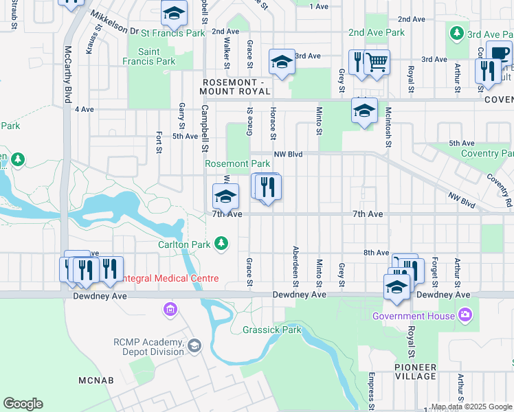 map of restaurants, bars, coffee shops, grocery stores, and more near 1236 Grace Street in Regina