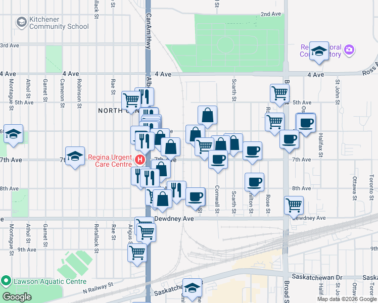 map of restaurants, bars, coffee shops, grocery stores, and more near 2330 7th Avenue in Regina