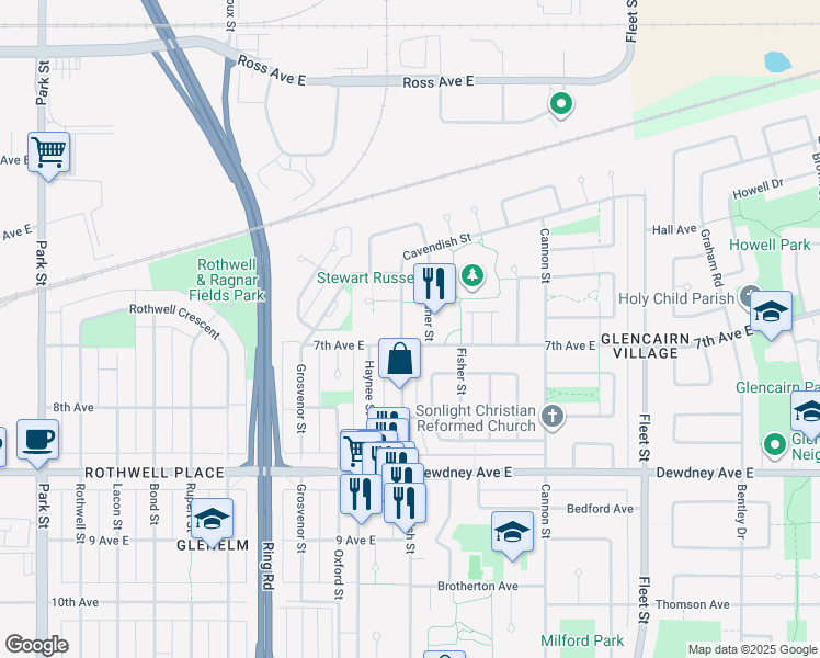 map of restaurants, bars, coffee shops, grocery stores, and more near 1816 7th Avenue East in Regina