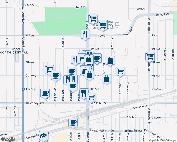 map of restaurants, bars, coffee shops, grocery stores, and more near 1255 Broad Street in Regina