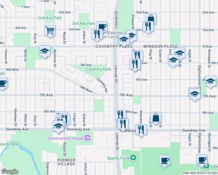 map of restaurants, bars, coffee shops, grocery stores, and more near 7 Coventry Road in Regina