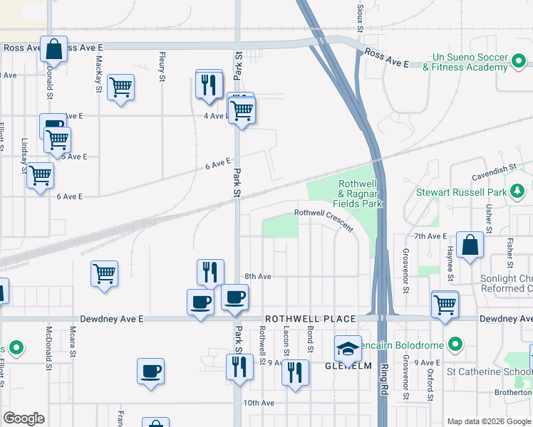 map of restaurants, bars, coffee shops, grocery stores, and more near 251 Rothwell Crescent in Regina