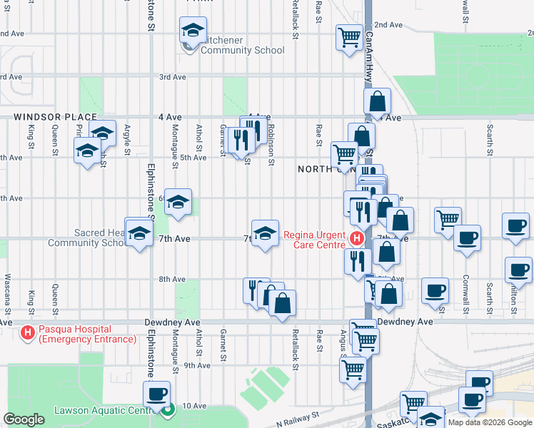 map of restaurants, bars, coffee shops, grocery stores, and more near 1228 Robinson Street in Regina
