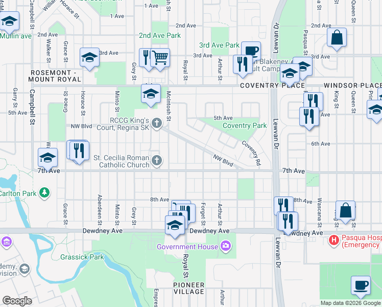 map of restaurants, bars, coffee shops, grocery stores, and more near 4627 North West Boulevard in Regina