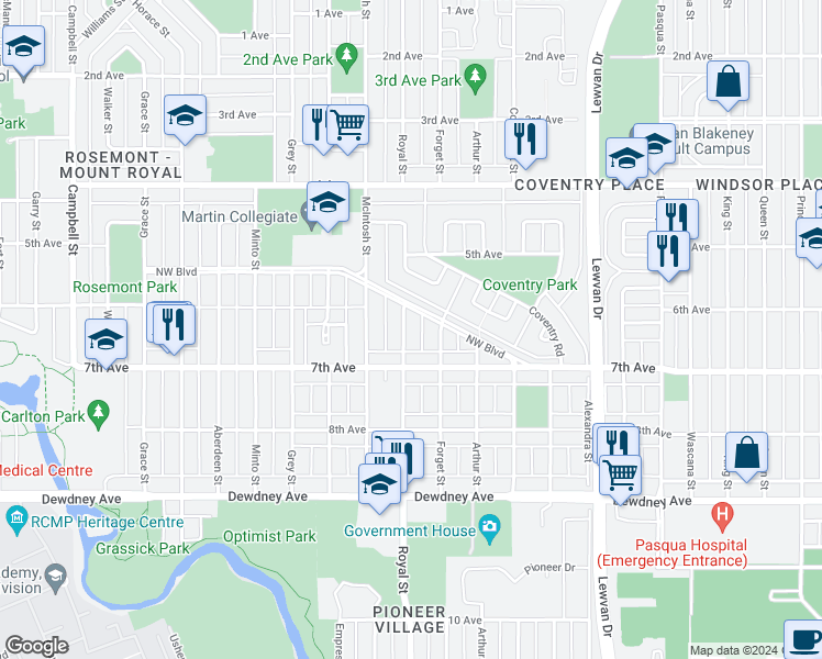 map of restaurants, bars, coffee shops, grocery stores, and more near 1233 Royal Street in Regina