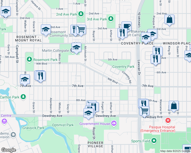 map of restaurants, bars, coffee shops, grocery stores, and more near 1227 Royal Street in Regina