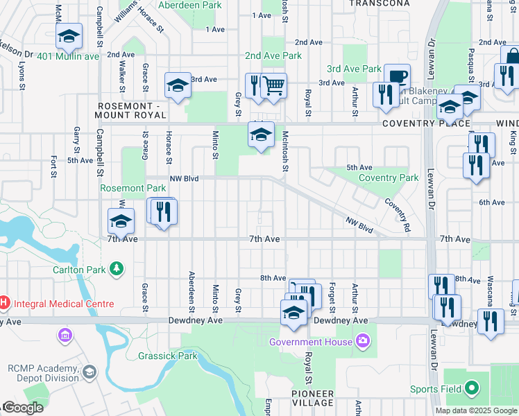 map of restaurants, bars, coffee shops, grocery stores, and more near 1121 Empress Street in Regina