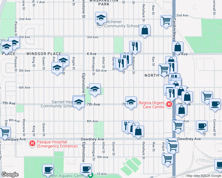 map of restaurants, bars, coffee shops, grocery stores, and more near 1177 Garnet Street in Regina