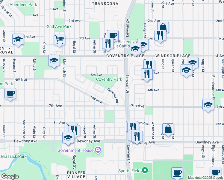 map of restaurants, bars, coffee shops, grocery stores, and more near 45 Coventry Rd in Regina