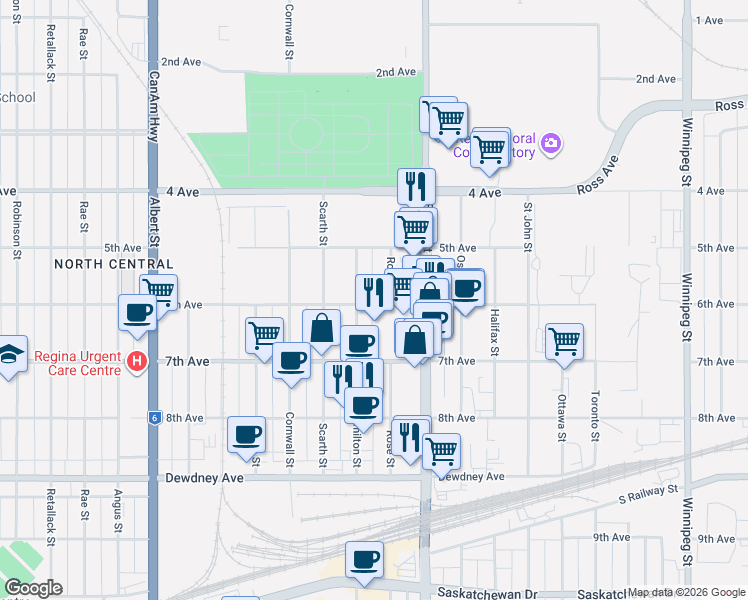 map of restaurants, bars, coffee shops, grocery stores, and more near 1840 6th Avenue in Regina