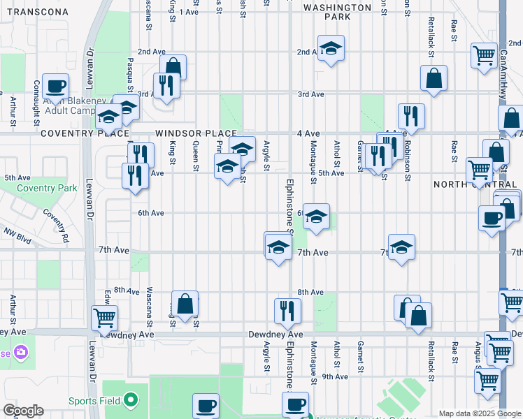 map of restaurants, bars, coffee shops, grocery stores, and more near 1178 Argyle Street in Regina