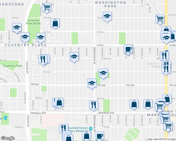 map of restaurants, bars, coffee shops, grocery stores, and more near 3540 6th Avenue in Regina