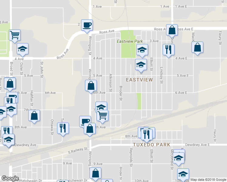 map of restaurants, bars, coffee shops, grocery stores, and more near 1179 Atkinson Street in Regina