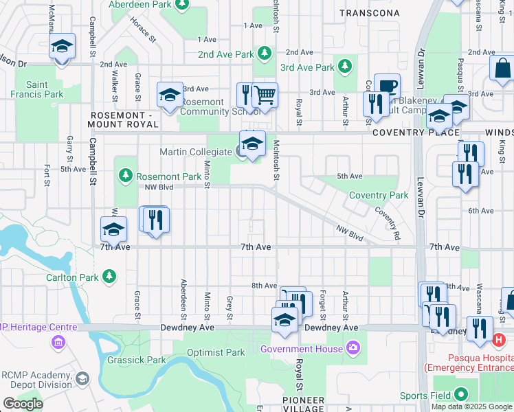 map of restaurants, bars, coffee shops, grocery stores, and more near 1121 Empress Street in Regina