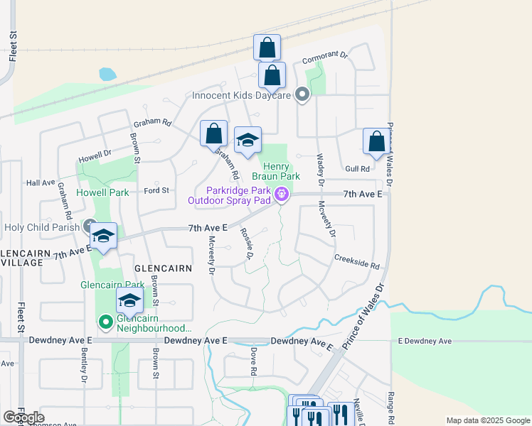 map of restaurants, bars, coffee shops, grocery stores, and more near 3415 7th Avenue East in Regina