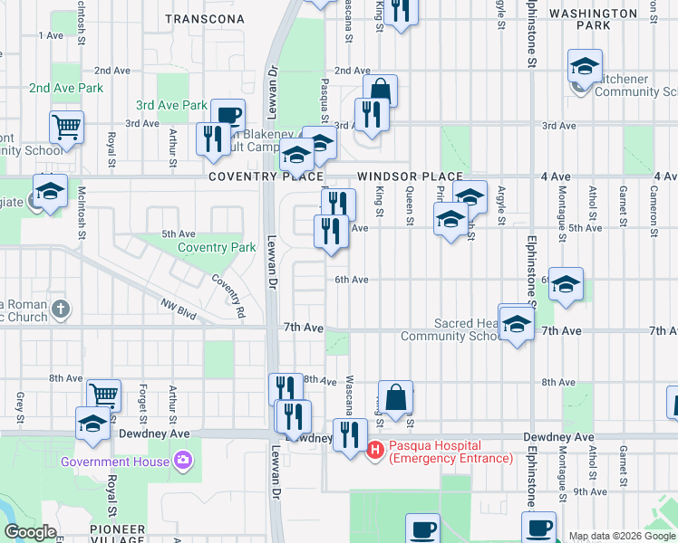 map of restaurants, bars, coffee shops, grocery stores, and more near 4120 6th Avenue in Regina