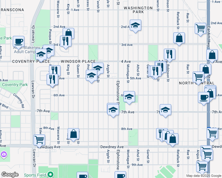 map of restaurants, bars, coffee shops, grocery stores, and more near 3540 6th Avenue in Regina