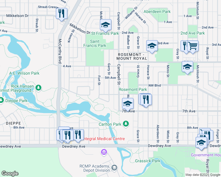 map of restaurants, bars, coffee shops, grocery stores, and more near 1145 Garry Street in Regina