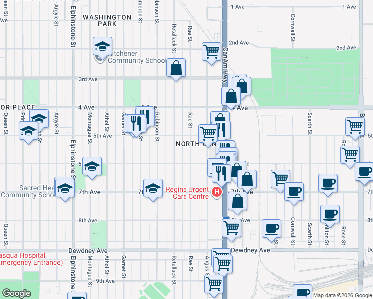 map of restaurants, bars, coffee shops, grocery stores, and more near 1179 6th Avenue in Regina