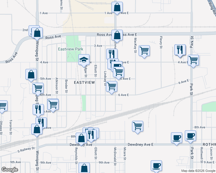 map of restaurants, bars, coffee shops, grocery stores, and more near 1137 Lindsay Street in Regina