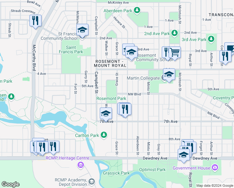 map of restaurants, bars, coffee shops, grocery stores, and more near 1039 Grace Street in Regina