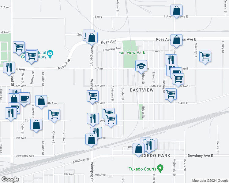 map of restaurants, bars, coffee shops, grocery stores, and more near 1127 Atkinson Street in Regina