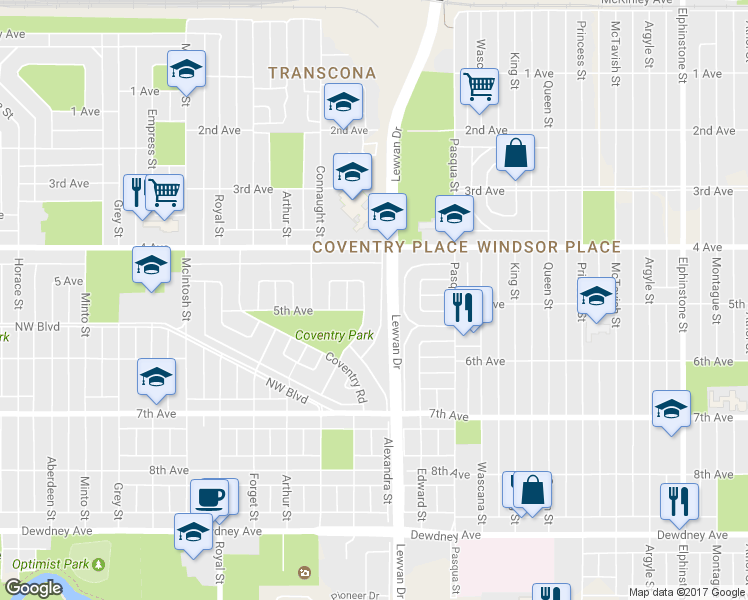 map of restaurants, bars, coffee shops, grocery stores, and more near 27 Charles Crescent in Regina