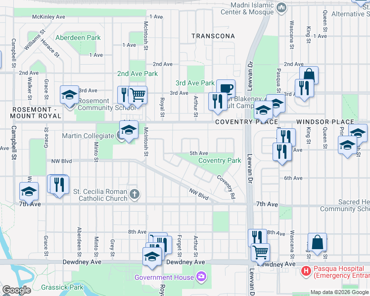map of restaurants, bars, coffee shops, grocery stores, and more near 43 Cecil Crescent in Regina
