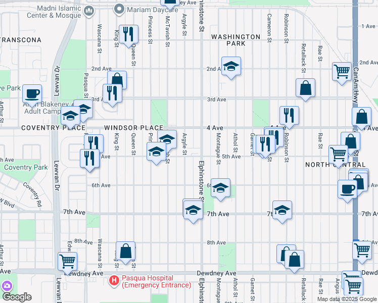 map of restaurants, bars, coffee shops, grocery stores, and more near 3570 5th Avenue in Regina