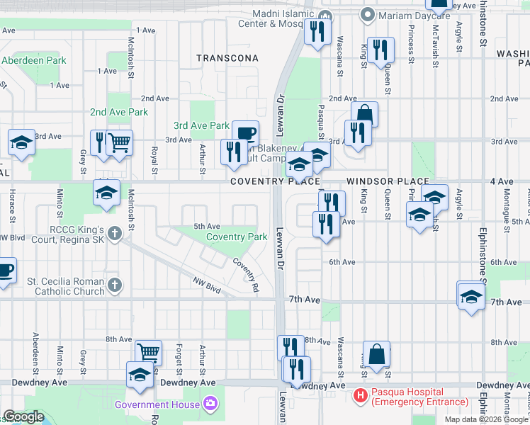 map of restaurants, bars, coffee shops, grocery stores, and more near 27 Charles Crescent in Regina