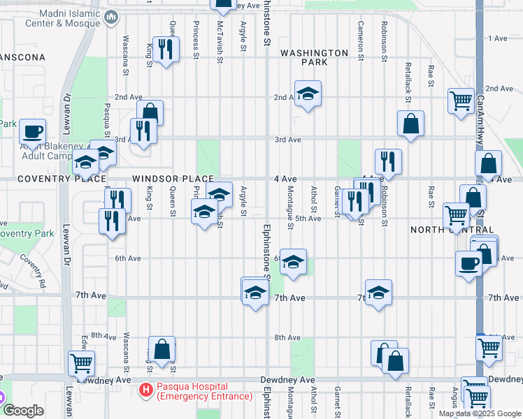 map of restaurants, bars, coffee shops, grocery stores, and more near 3430 5th Avenue in Regina