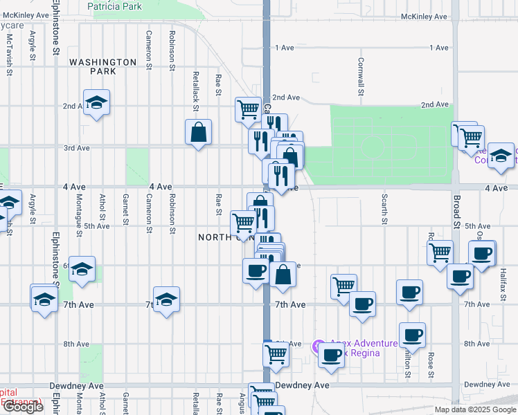 map of restaurants, bars, coffee shops, grocery stores, and more near in Regina