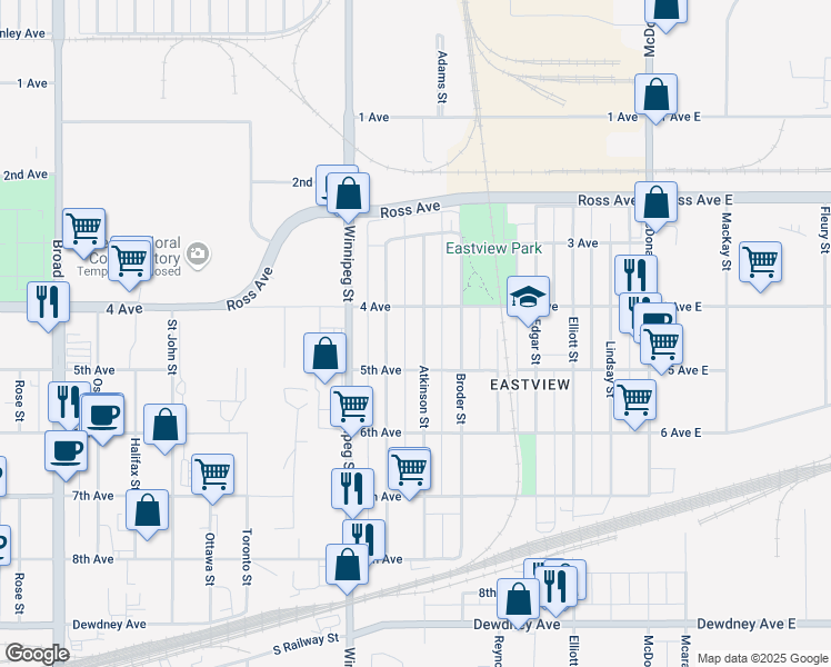 map of restaurants, bars, coffee shops, grocery stores, and more near 1032 Atkinson Street in Regina