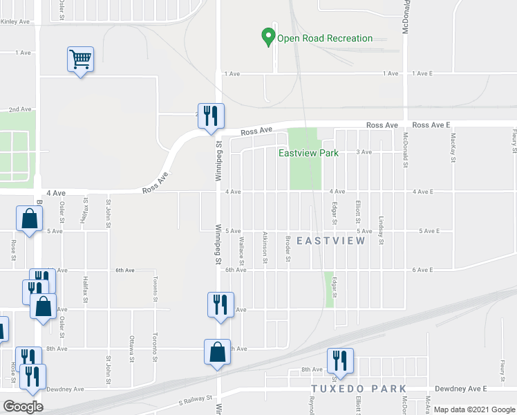 map of restaurants, bars, coffee shops, grocery stores, and more near 979 Atkinson Street in Regina