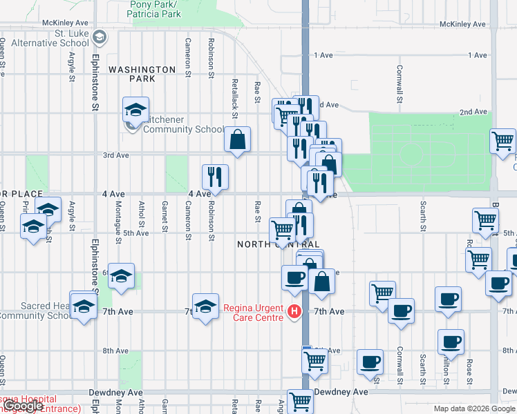 map of restaurants, bars, coffee shops, grocery stores, and more near 2308 4 Avenue in Regina