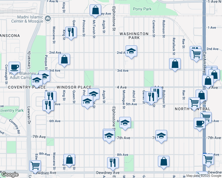 map of restaurants, bars, coffee shops, grocery stores, and more near 1000 Elphinstone Street in Regina