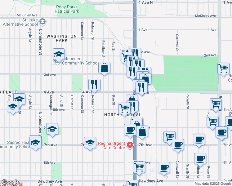 map of restaurants, bars, coffee shops, grocery stores, and more near 2308 4 Avenue in Regina