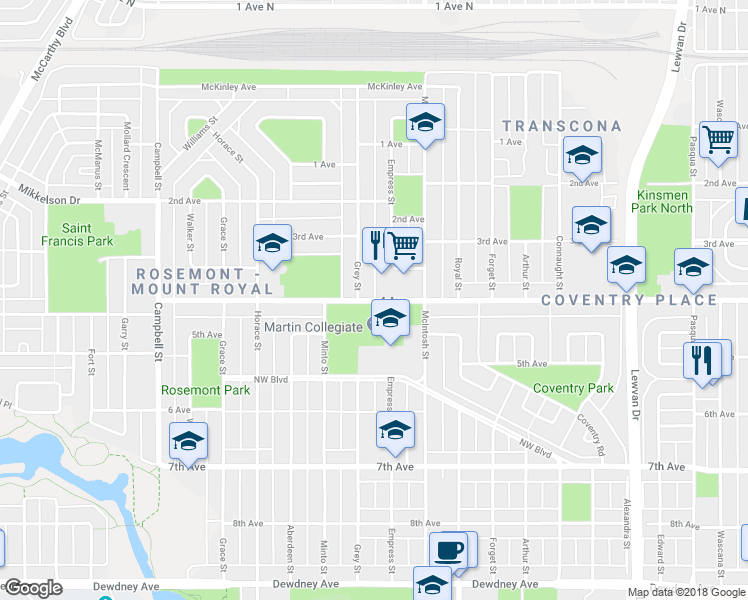 map of restaurants, bars, coffee shops, grocery stores, and more near 5130 4 Avenue in Regina