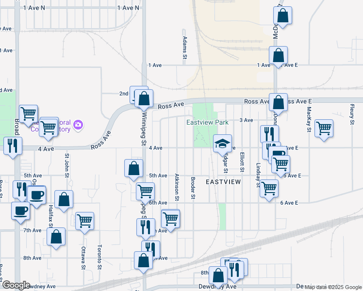 map of restaurants, bars, coffee shops, grocery stores, and more near 979 Atkinson Street in Regina